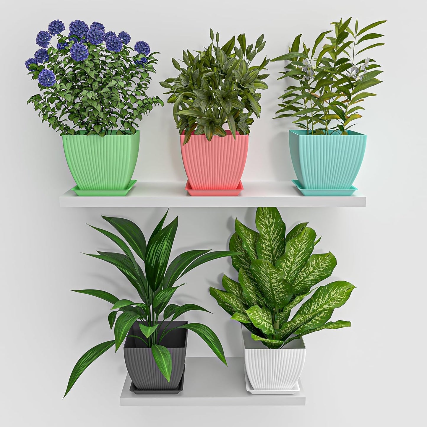 7.5 Inch Square Flower Pots with Drainage Holes and Tray – Set of 5, Indoor & Outdoor Planters (Multi-Color)