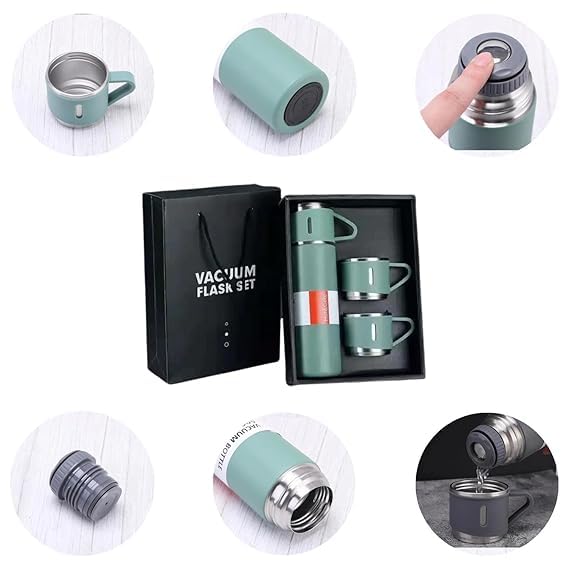 Vacuum Insulated Flask Set with 2 Cups – Ideal for Coffee, Tea, Milk, (Multicolour)