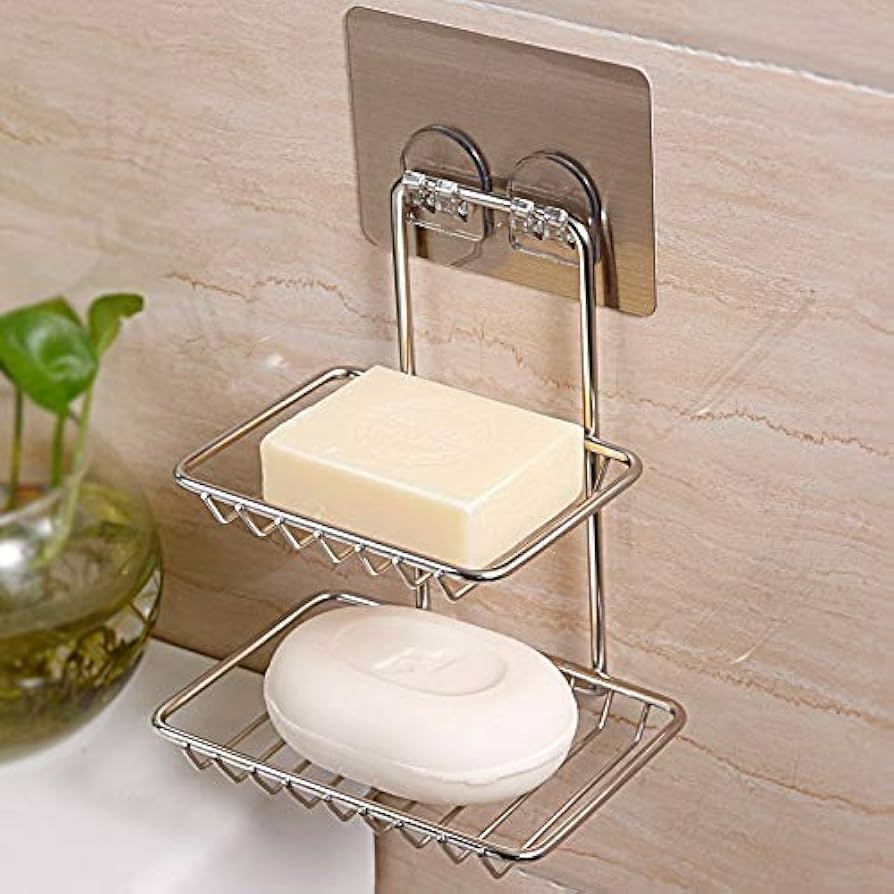 Wall-Mounted Stainless Steel Soap Holder & Dispenser with Hooks