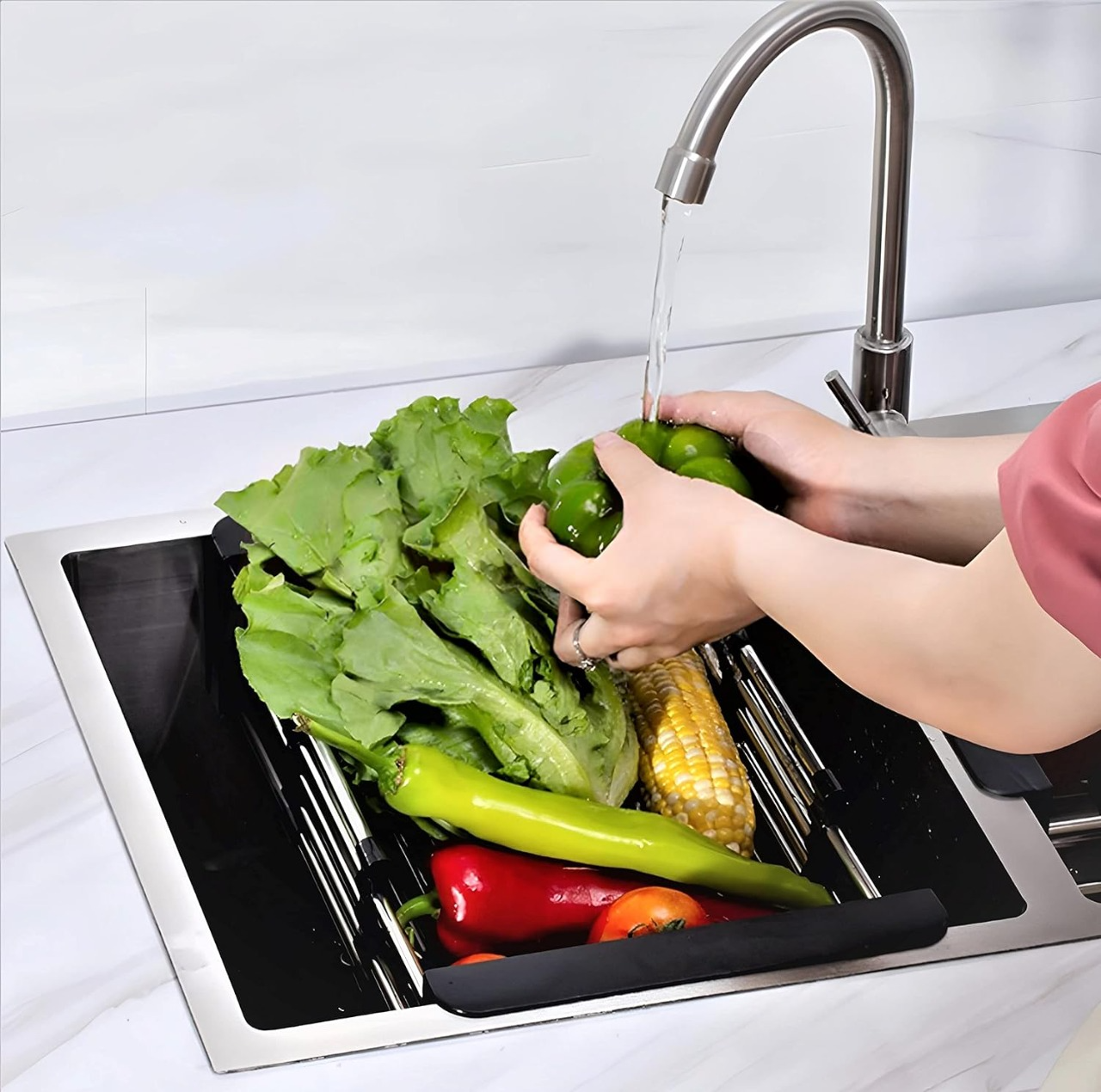 Adjustable Stainless Steel Dish Drying Rack – Expandable Over-the-Sink Drainer Basket for Kitchen Utensils & Vegetables