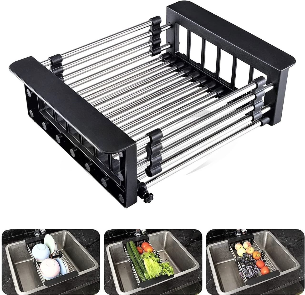 Adjustable Stainless Steel Dish Drying Rack – Expandable Over-the-Sink Drainer Basket for Kitchen Utensils & Vegetables