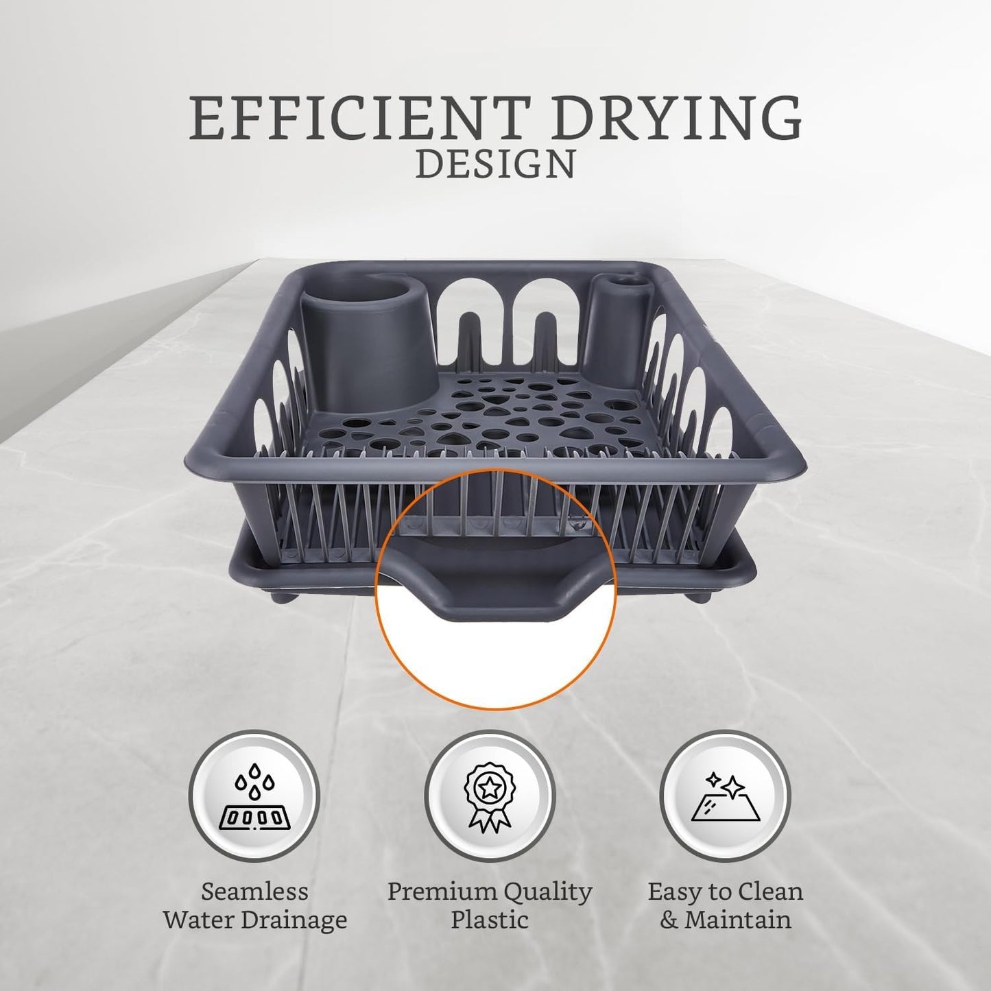 Grey Large Plastic Dish Drying Rack with Drainage Tray – Kitchen Sink Organizer for Plates, Cups & Cutlery