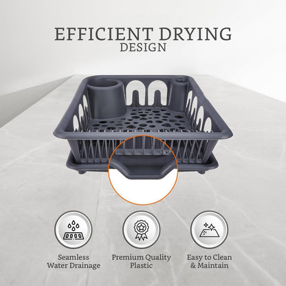 Grey Large Plastic Dish Drying Rack with Drainage Tray – Kitchen Sink Organizer for Plates, Cups & Cutlery