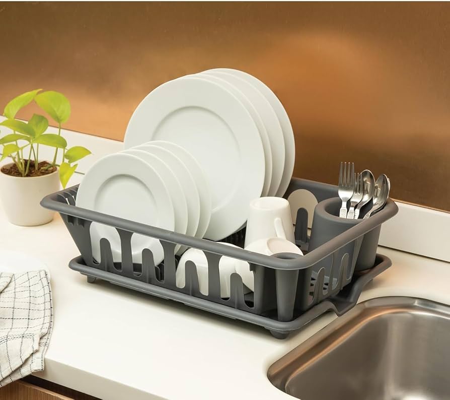 Grey Large Plastic Dish Drying Rack with Drainage Tray – Kitchen Sink Organizer for Plates, Cups & Cutlery