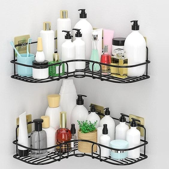 Corner Shelf | Multipurpose Bathroom/Kitchen Organizer with Self-Adhesive Hooks Set Of 2