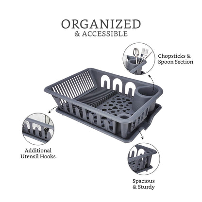 Grey Large Plastic Dish Drying Rack with Drainage Tray – Kitchen Sink Organizer for Plates, Cups & Cutlery