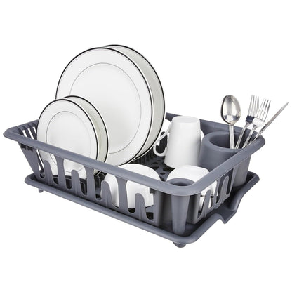 Grey Large Plastic Dish Drying Rack with Drainage Tray – Kitchen Sink Organizer for Plates, Cups & Cutlery