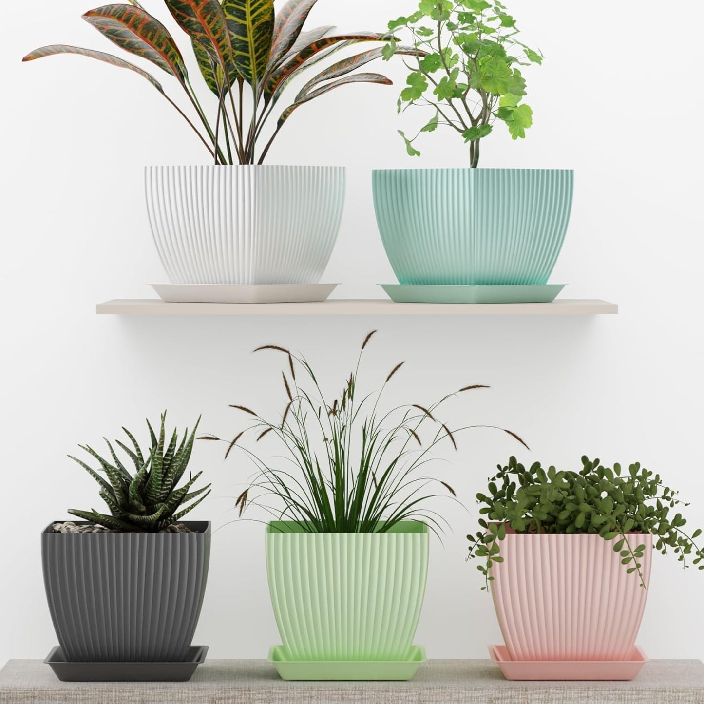 7.5 Inch Square Flower Pots with Drainage Holes and Tray – Set of 5, Indoor & Outdoor Planters (Multi-Color)