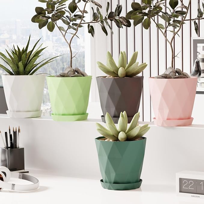 Plastic Diamond Shape Flower Pots with Trays | Planters for Home, Terrace, Garden, Office, Farmhouse (Pack of 5)