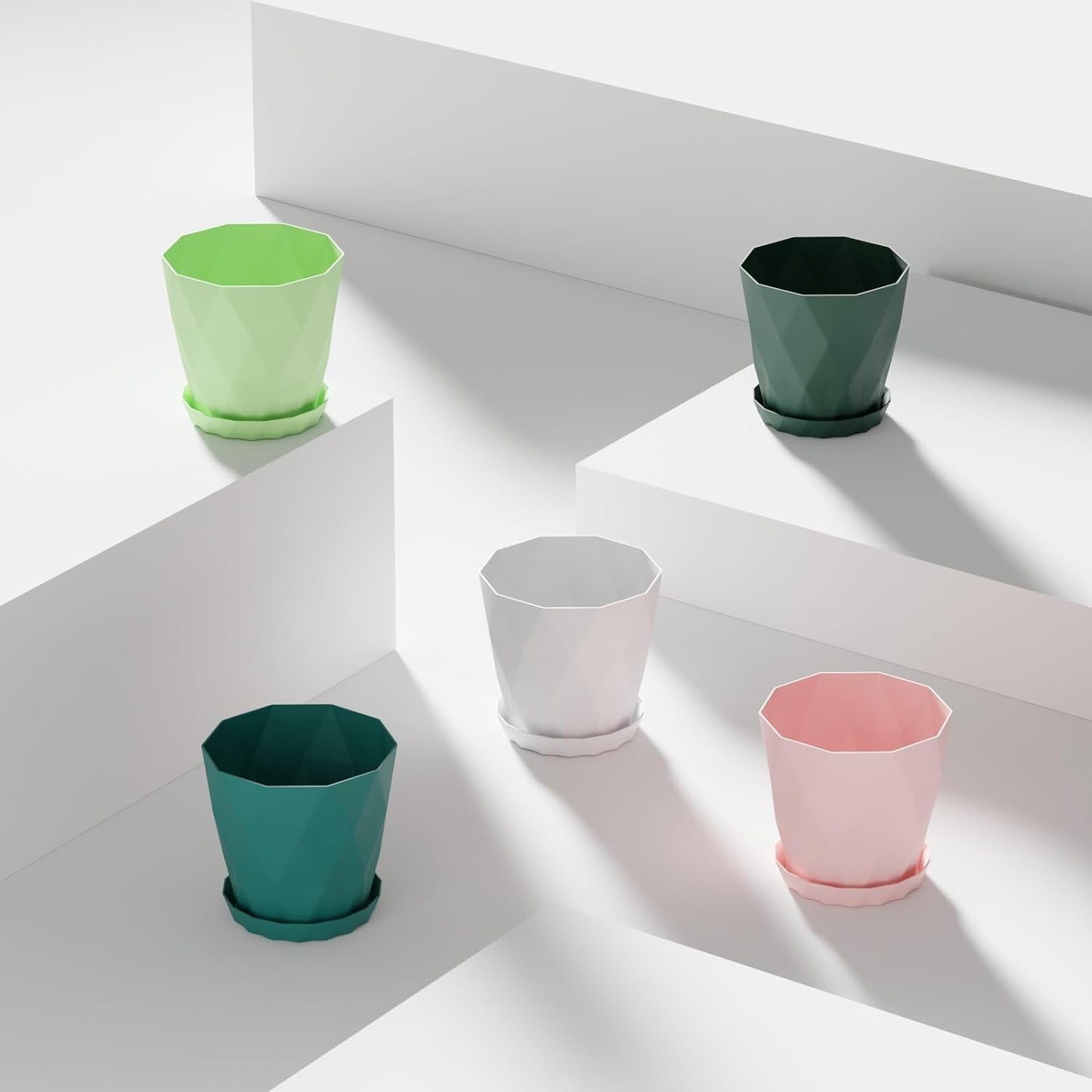 Plastic Diamond Shape Flower Pots with Trays | Planters for Home, Terrace, Garden, Office, Farmhouse (Pack of 5)