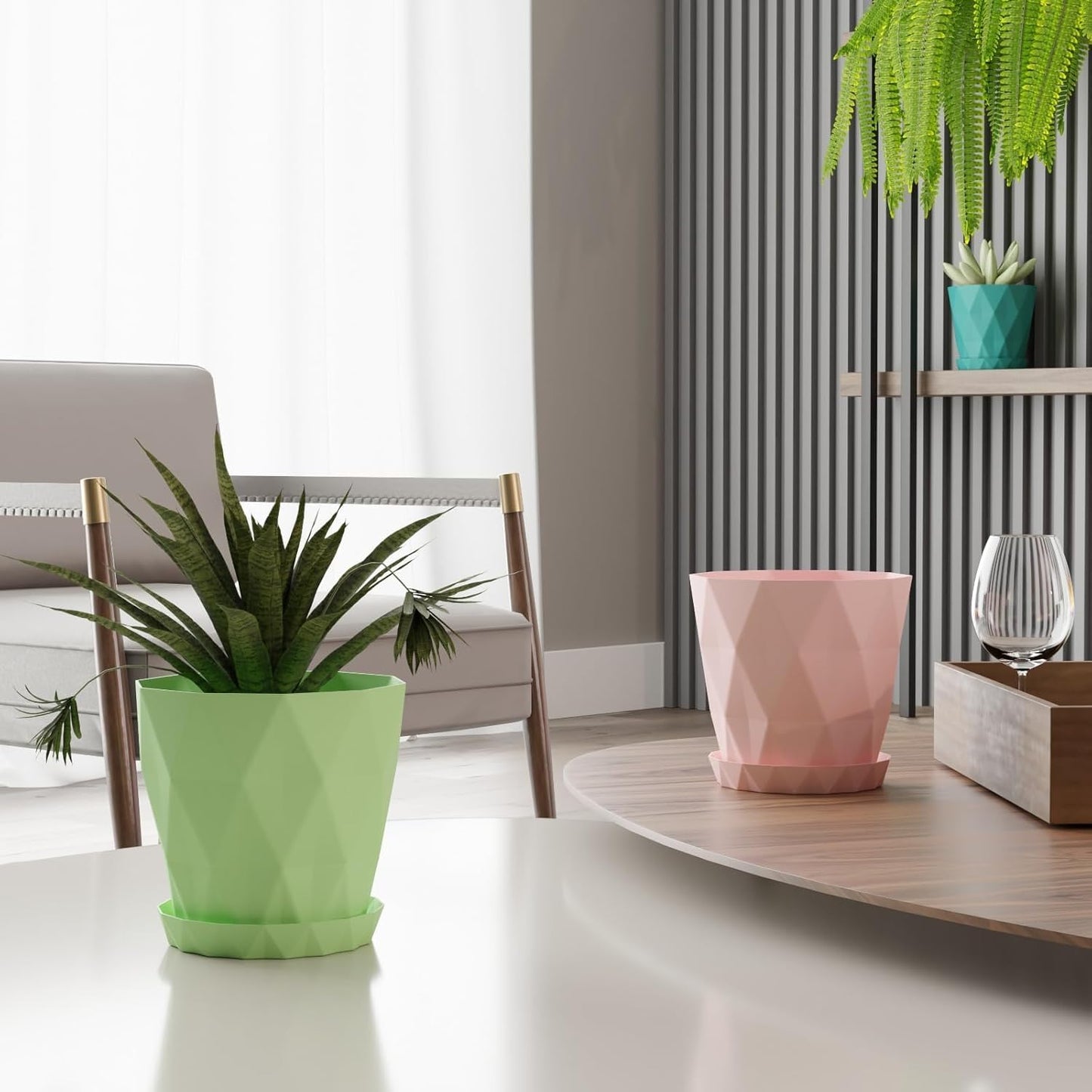 Plastic Diamond Shape Flower Pots with Trays | Planters for Home, Terrace, Garden, Office, Farmhouse (Pack of 5)